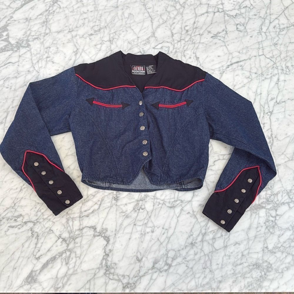Vintage 90s Ozark Mountain Jean Company Denim Crop Top Long Sleeve Western Sz S